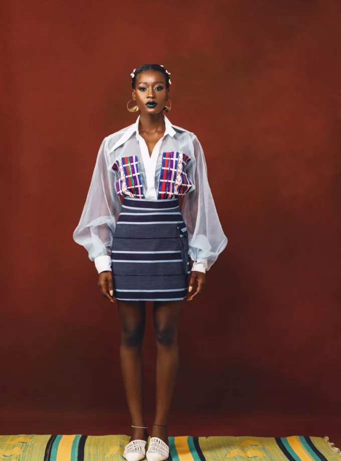 MESH LONG SLEEVED TOP & MINI SKIRT IN TRADITIONAL WOVEN MUDUKARE FABRIC