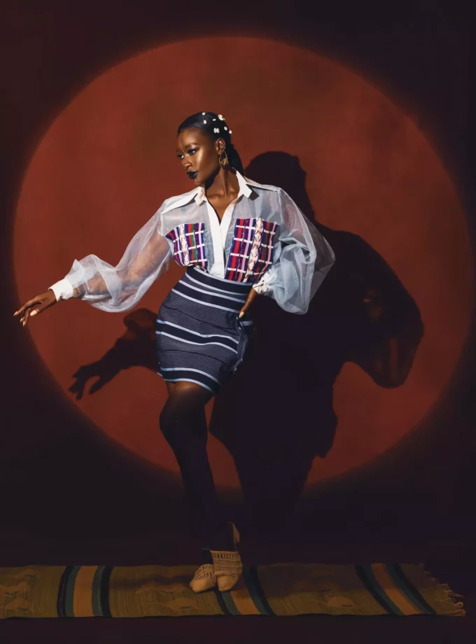 MESH LONG SLEEVED TOP & MINI SKIRT IN TRADITIONAL WOVEN MUDUKARE FABRIC