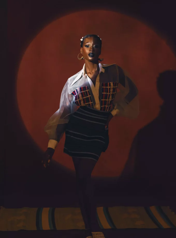 MESH LONG SLEEVED TOP & MINI SKIRT IN TRADITIONAL WOVEN MUDUKARE FABRIC