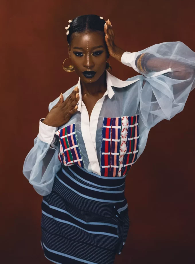 MESH LONG SLEEVED TOP & MINI SKIRT IN TRADITIONAL WOVEN MUDUKARE FABRIC