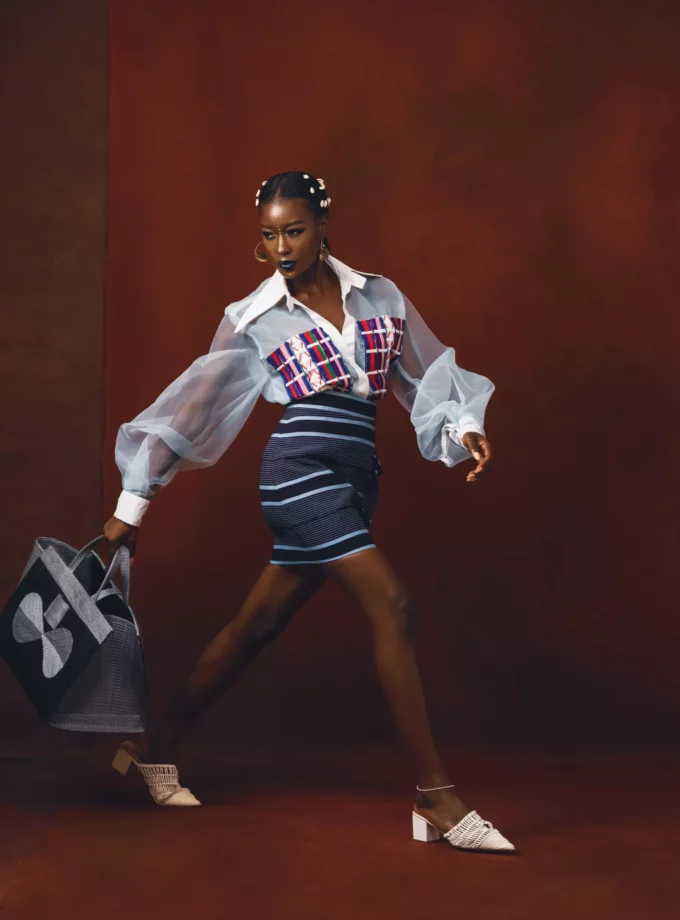 MESH LONG SLEEVED TOP & MINI SKIRT IN TRADITIONAL WOVEN MUDUKARE FABRIC