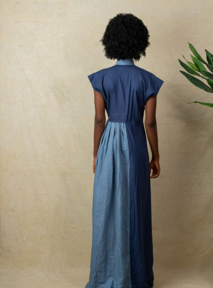 LINEN TWO TONED MAXI DRESS (BLUE)