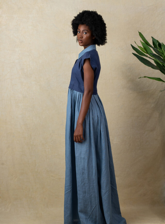 LINEN TWO TONED MAXI DRESS (BLUE)