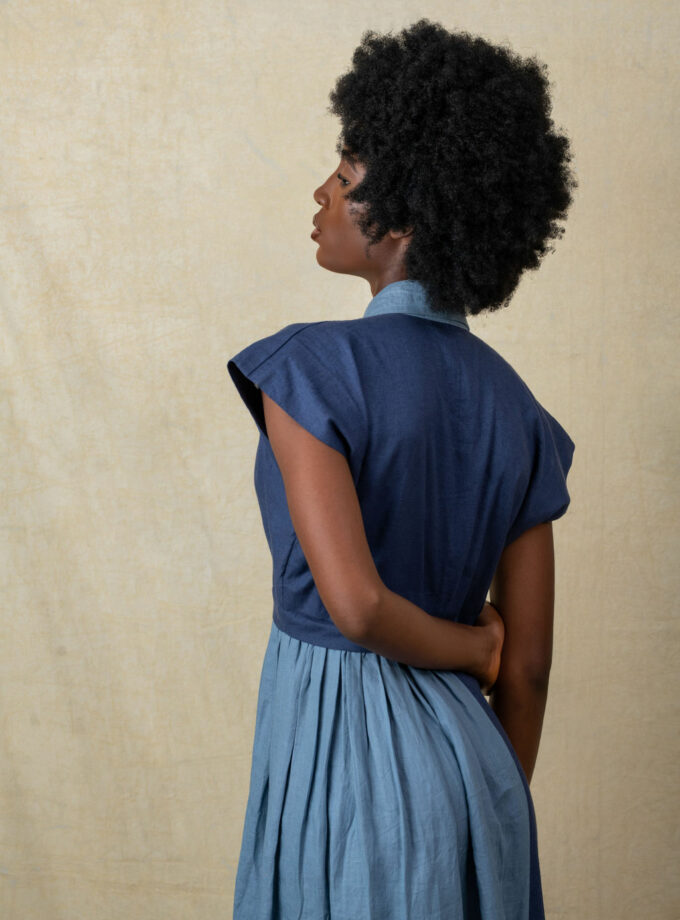LINEN TWO TONED MAXI DRESS (BLUE)