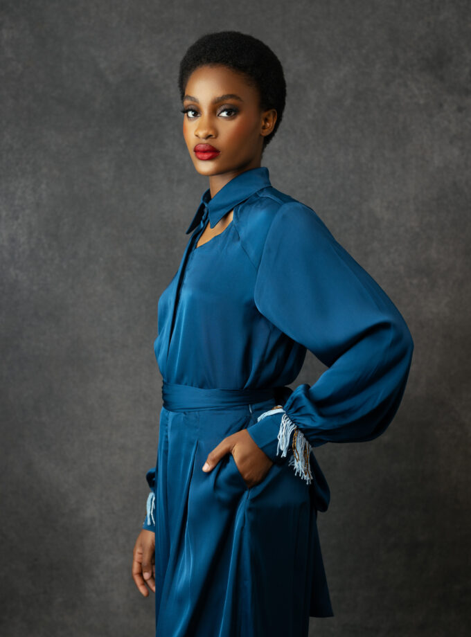 COLLARED SHIRT WITH HIGH WAISTED PANTS SILK SET