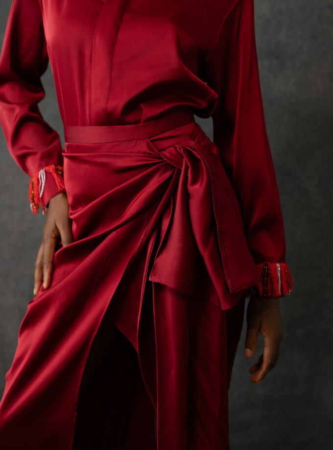 ASYMMETRIC SHIRT WITH HIGH WAISTED WRAP SKIRT SET