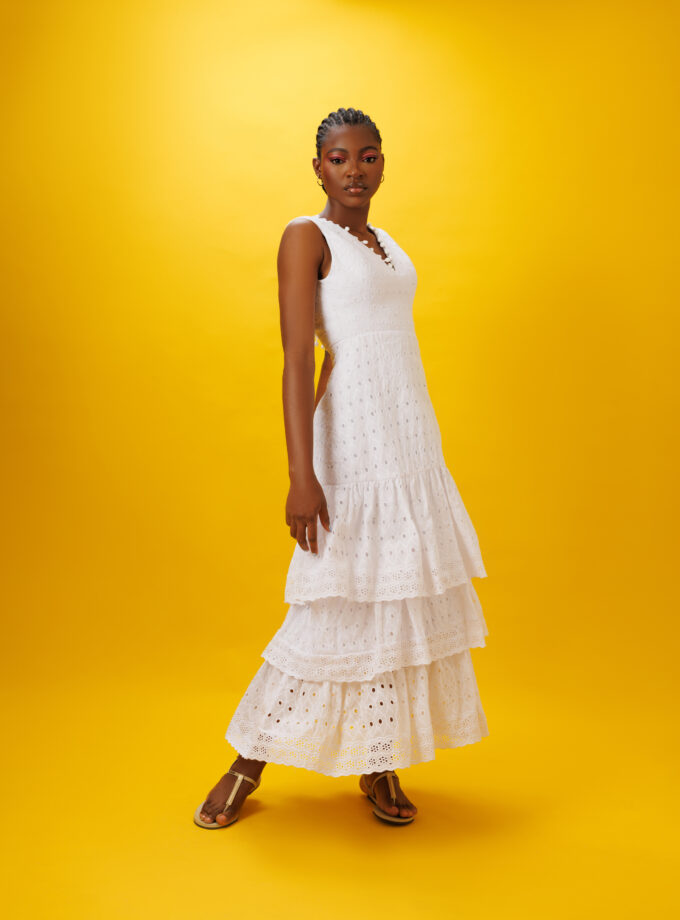 WHITE MIDI LAYERED POM POM DRESS