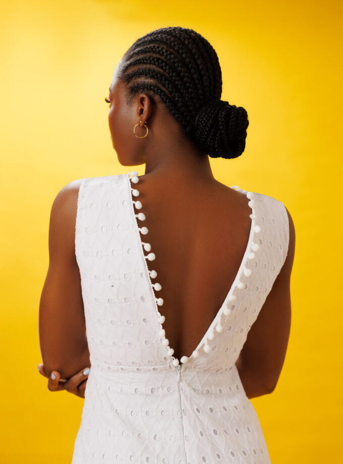 WHITE MIDI LAYERED POM POM DRESS